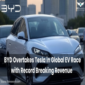 A white BYD electric vehicle, rivaling Tesla Model 3, showcasing BYD's $107 billion 2024 revenue lead over Tesla. 